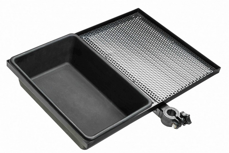 Plato k sedačce na odkládání misek s nástrahou doplněné o vyjímatelnou vaničku na návnadu. Pasující na nohu/adaptér o průměru 25 nebo 36 mm.