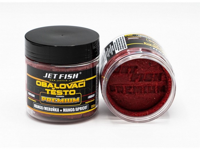 Jet Fish Obalovací těsto Premium Classic Mango/Meruňka. Kompletně univerzální těsta, která jsou navržena tak, aby byla vhodná jak pro obalování boilies, pelet, partiklů a dalších nástrah, tak i jako nástraha přímo na háček. Mohou být použita pro všechny metody rybolovu, včetně lovu na krmítko a feeder.