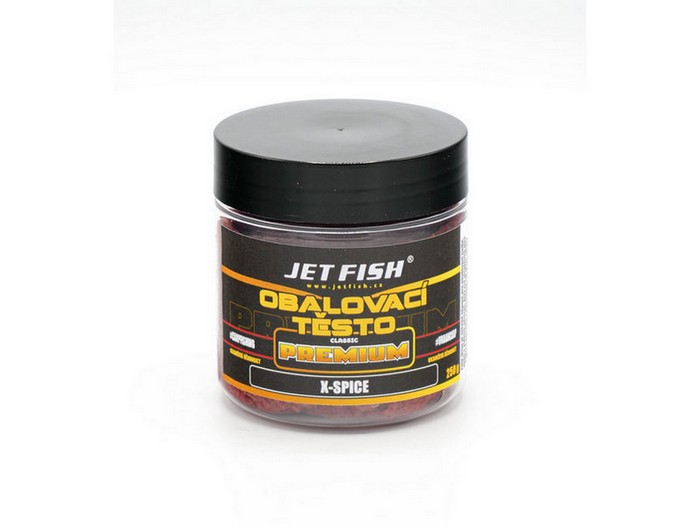 Jet Fish Obalovací těsto Premium Classic X-Spice. Kompletně univerzální těsta, která jsou navržena tak, aby byla vhodná jak pro obalování boilies, pelet, partiklů a dalších nástrah, tak i jako nástraha přímo na háček. Mohou být použita pro všechny metody rybolovu, včetně lovu na krmítko a feeder.