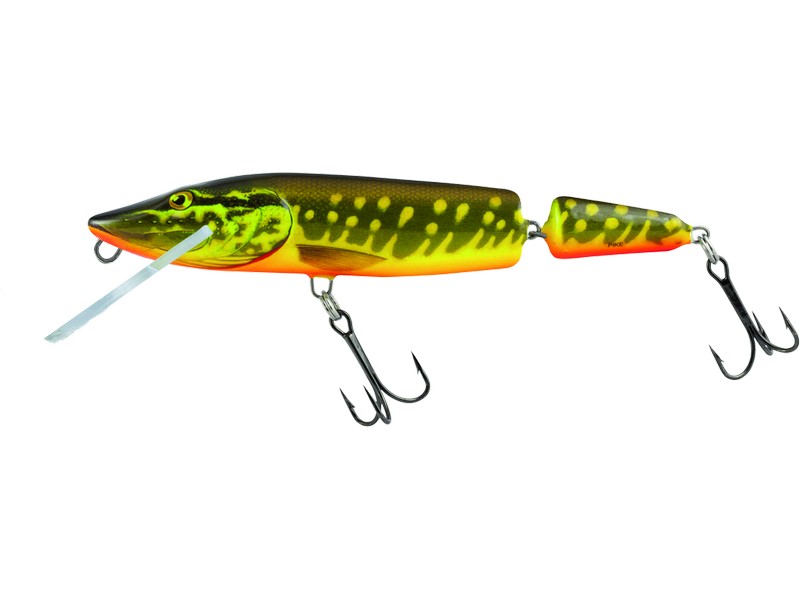 🐟 Salmo Pike 13 JF – dvoudílný wobler pro lov velkých dravců. 🎣 Wobler Salmo Pike je navržený pro lov štik a dalších dravců, kteří se ukrývají v mělčinách a podél členitých břehů. Tento plovoucí model se nejlépe uplatní při pomalém vedení, které můžete občas zpestřit krátkou pauzou nebo změnou rychlosti navíjení.