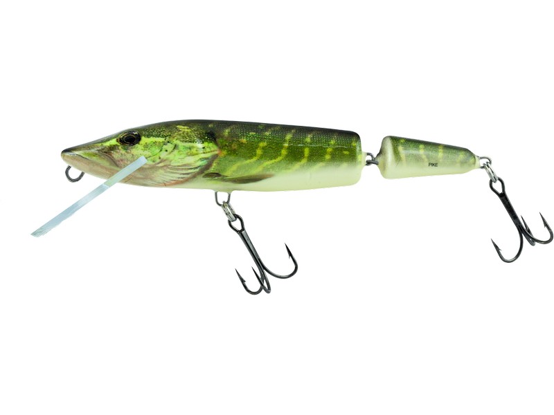 🐟 Salmo Pike 13 JF – dvoudílný wobler pro lov velkých dravců. 🎣 Wobler Salmo Pike je navržený pro lov štik a dalších dravců, kteří se ukrývají v mělčinách a podél členitých břehů. Tento plovoucí model se nejlépe uplatní při pomalém vedení, které můžete občas zpestřit krátkou pauzou nebo změnou rychlosti navíjení.