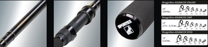 Sportex Advancer Carp. Skvělé kaprové pruty vyrobené vysoce modulovaného uhlíku s poloparabolickou akcí.Jak je již u prutů SPORTEX zvykem,má ADVANCER CARP blank z vysoce modulovaného uhlíku což zaručuje výborné vrhací vlastnosti a daleké hody i při tenkém blanku.Pruty jsou navíc osazeny pevným sedlem navijáku a špičkovými SIC očky.Sportex Advancer Carp má vynikající tlumicí vlastnosti blanku,které snižují snižují výpadky v boji.