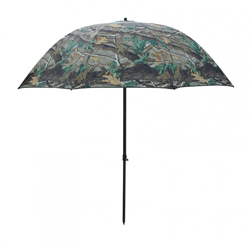 Rybářský Camo deštník z 190T materiálu. Vrchlík je z materiálu 190T který ochrání před slunečními paprsky i před deštěm. Deštník lze naklopit pomocí kloubu, žebra jsou z ocelových drátů, eloxovaných černou barvou. Středová tyč je teleskopická s novým, velmi spolehlivým adaptérem, který vnitřní trubku svírá po celém obvodě. Průměr půdorysu rozloženého deštníku je 2 m, transportní 138 cm a váha 2 kg. Technické parametry: Barva: camo Transportní délka: 138cm Hmotnost: 2kg Materiál: 190T Průměr: 2m