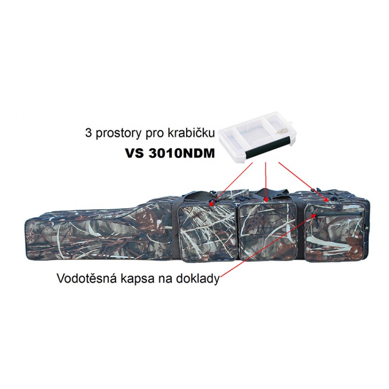 Zcela nový obal na pruty v provedení CAMO pojme téměř vše potřebné na vaši rybářskou výpravu. Šířka komory je 11cm, výška 21cm se v 80cm zužuje na 11cm.To vytváří dostatečný prostor na naviják nasazený na prutu.Na jedné straně je dlouhá kapsa 125x9x5cm na podběrák a nad ní jsou tři kapsy 20x10x5cm na drobnosti, nebo na krabičky Versus typu VS506, VS706 a VS806.Na druhé straně jsou tři kapsy o rozměru 20x20x5cm do kterých pasují krabičky typu VS3010NDM,VS3010ND a VS3010NS a jedna kapsa nepromokavá na doklady.Na popruhách jsou čtyři užitečná oka na zavěšení různých potřeb.Všude jsou použity velké pevné zipy s dvěma jezdci, které mají místo kovové rukojeti provázek s plastovým gripem.Obal je ušit z pevného 600D Oxford Nylon materiálu, který je velmi pevný a odolný.