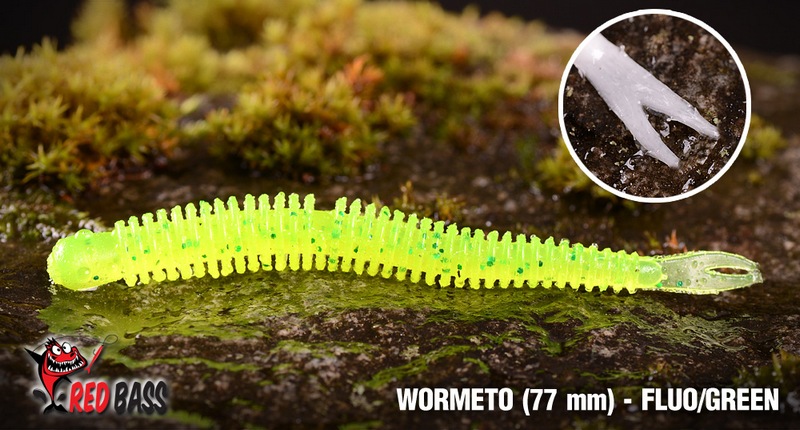 Červosmáček REDBASS Wormeto Fluo/Green UV. Extra měkký červosmáček s žebrovaným tělem pro přídavné vibrace a extra tenkým ocáskem. Žebrované tělo nástrahu opticky zvětšuje pro větší atraktivitu pro dravce.
