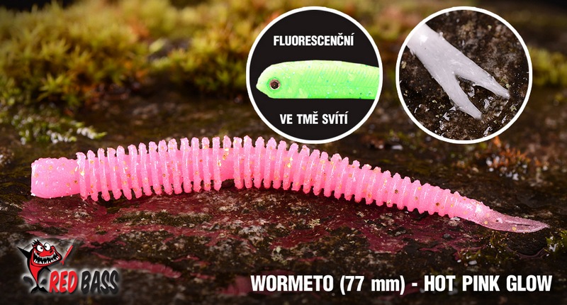 Červosmáček REDBASS Wormeto Hot Pink UV. Extra měkký červosmáček s žebrovaným tělem pro přídavné vibrace a extra tenkým ocáskem. Žebrované tělo nástrahu opticky zvětšuje pro větší atraktivitu pro dravce.