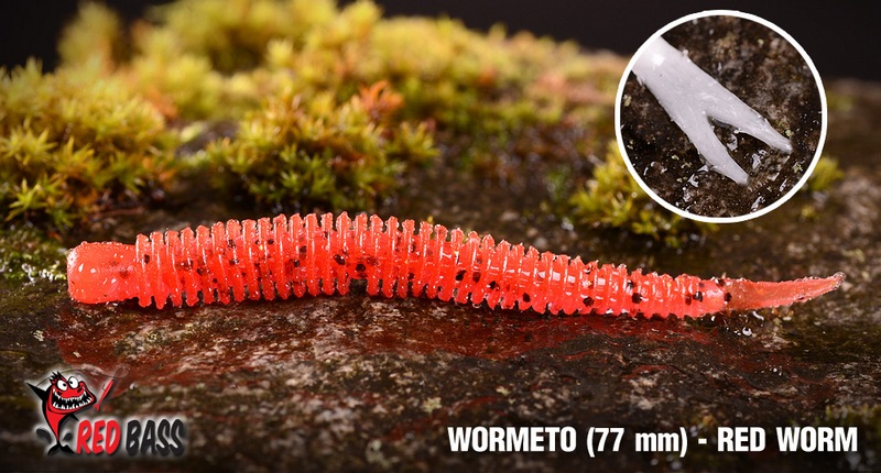 Červosmáček REDBASS Wormeto Red Worm UV. Extra měkký červosmáček s žebrovaným tělem pro přídavné vibrace a extra tenkým ocáskem. Žebrované tělo nástrahu opticky zvětšuje pro větší atraktivitu pro dravce.