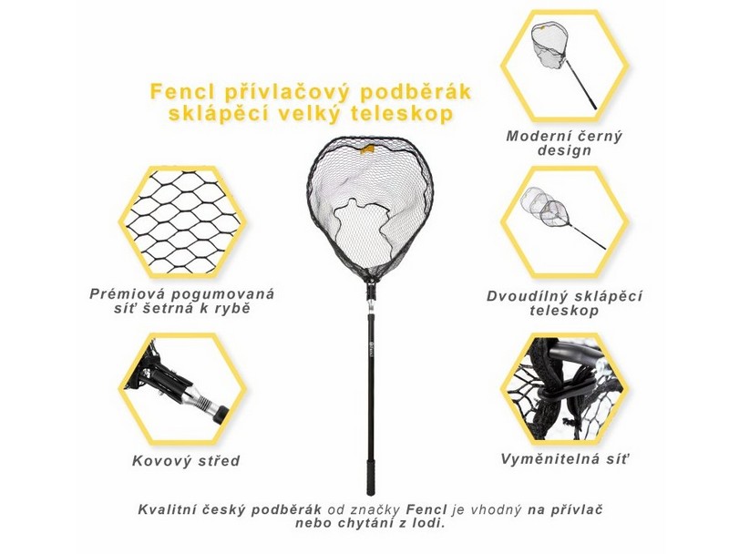 Fencl Přívlačový podběrák sklápěcí velký teleskop_175cm_2díl_pogumovaná síť