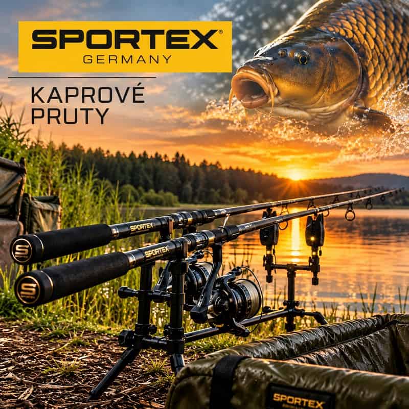 Kaprové pruty SPORTEX na stojanu u jezera při západu slunce, s kaprem v pozadí