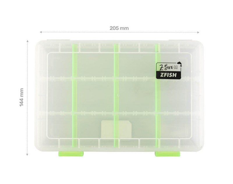 ZFISH Krabička Z-Box M je klasická, univerzální, průhledná krabička/tackle box od české značky ZFISH. Tento organizér disponuje dostatečným prostorem a přihrádky si přizpůsobíte dle potřeby pomocí vyjímatelných přepážek. Bezpečné uzavírání, nebo nechtěné otevření zajišťují dva zavírací klipy.   • Klasický, univerzální tackle box/organizér z čirého materiálu • Nastavení velikosti přihrádek podle potřeby díky vyjímatelným přepážkám • Bezpečné uzavírání, nebo nechtěné otevření zajišťují dva zavírací klipy • Celkové rozměry: 205 x 144 x 40 mm